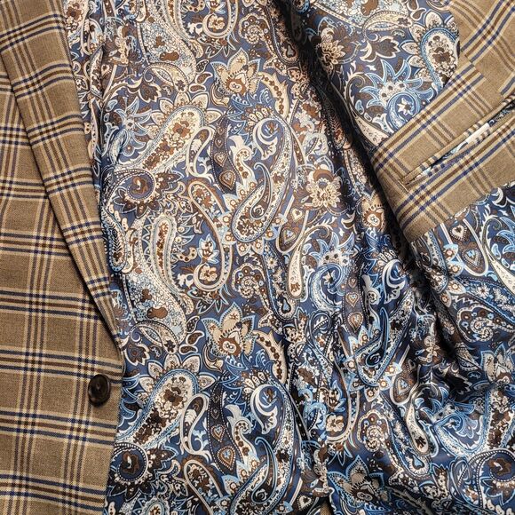 Alan Flusser Mens Paisley Lined 2-Button Blazer Jacket Beige Brown Checked EUC - Picture 6 of 13